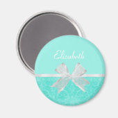 Girly Aqua Türkis Damask White Ribbon mit Namen Magnet (Vorderseite/Rückseite)