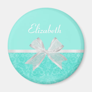 Girly Aqua Türkis Damask White Ribbon mit Namen Magnet