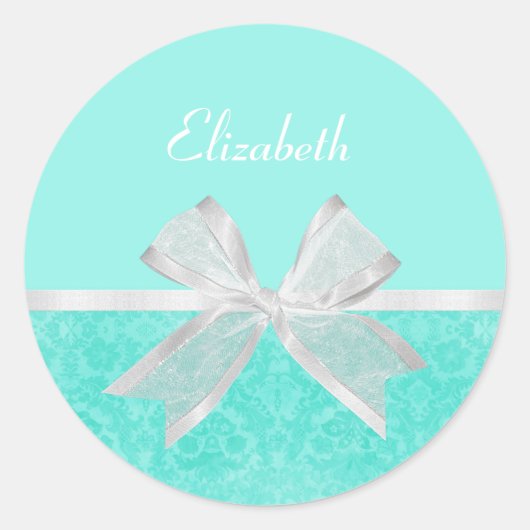 Girly Aqua Türkis Damask White Ribbon mit Namen Runder Aufkleber (Vorderseite)