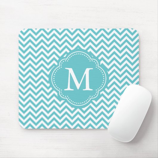 Girly Aqua-weißes Zickzack Streifen-Monogramm Mousepad (Mit Mouse)