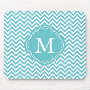 Girly Aqua-weißes Zickzack Streifen-Monogramm Mousepad
