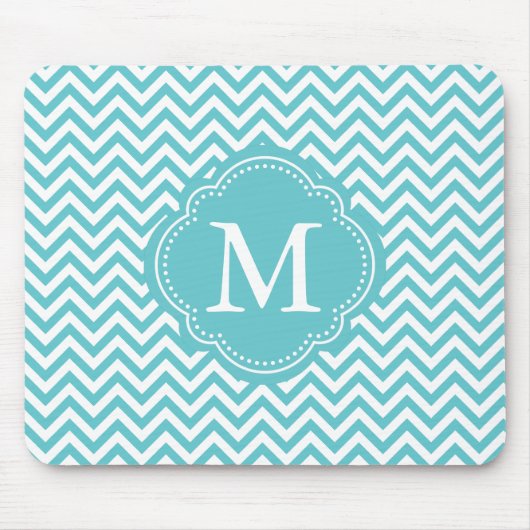 Girly Aqua-weißes Zickzack Streifen-Monogramm Mousepad (Vorne)