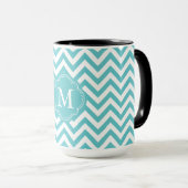 Girly Aqua-weißes Zickzack Streifen-Monogramm Tasse (VorderseiteRechts)