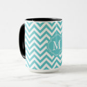 Girly Aqua-weißes Zickzack Streifen-Monogramm Tasse (Vorderseite Links)