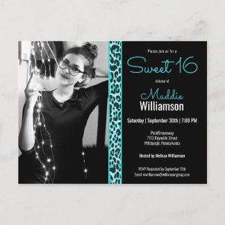 Girly Aquamarin/Black Leopard Foto Sweet 16 Einlad Postkarte