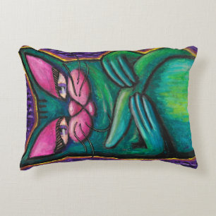Girly Aquamarin Cat in Oil Pastel im Lila Hintergr Dekokissen