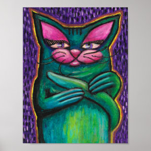 Girly Aquamarin Cat in Oil Pastel im Lila Hintergr Poster