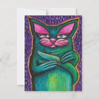 Girly Aquamarin Cat in Oil Pastel im Lila Hintergr Postkarte