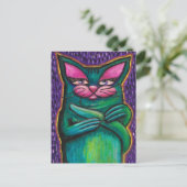 Girly Aquamarin Cat in Oil Pastel im Lila Hintergr Postkarte (Stehend Vorderseite)