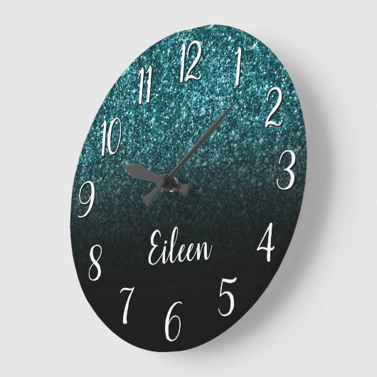 Girly Aquamarin Glitzer Black Ombre Große Wanduhr (Winkel)
