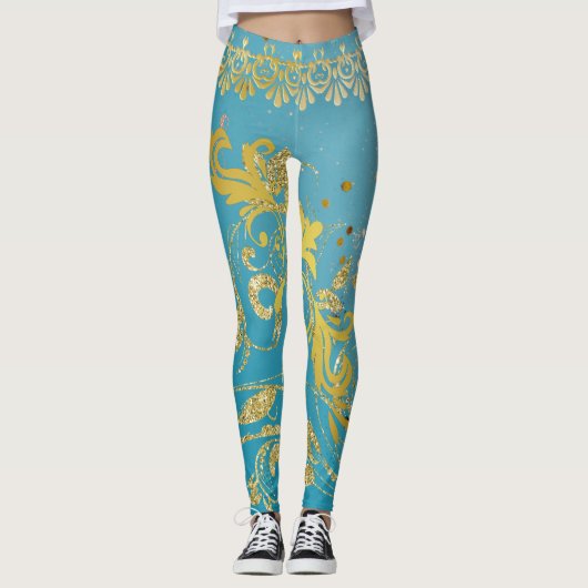 Girly Aquamarin Glitzer Gold Ombre Blue Leggings (Vorderseite)