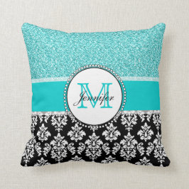 Girly, aquamarin, Glitzer-schwarzer Damast Kissen