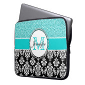 Girly, aquamarin, Glitzer-schwarzer Damast Laptopschutzhülle (Vorderseite Links)