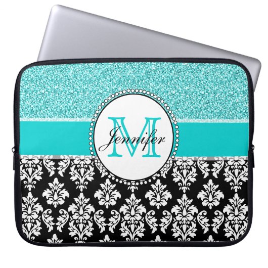 Girly, aquamarin, Glitzer-schwarzer Damast Laptopschutzhülle (Vorderseite)