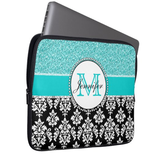 Girly, aquamarin, Glitzer-schwarzer Damast Laptopschutzhülle (Vorne Rechts)