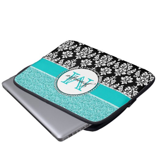 Girly, aquamarin, Glitzer-schwarzer Damast Laptopschutzhülle (Vorne Knopf)