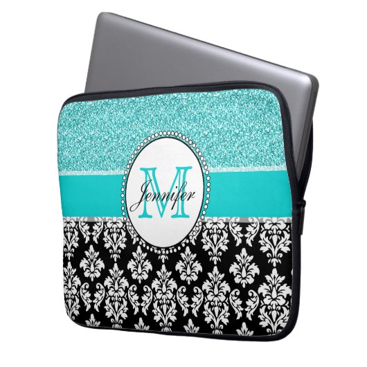 Girly, aquamarin, Glitzer-schwarzer Damast Laptopschutzhülle (Vorderseite Links)