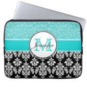 Girly, aquamarin, Glitzer-schwarzer Damast Laptopschutzhülle (Vorderseite)