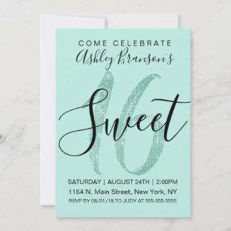 Girly Aquamarin Mint Green Sequin Glitzer Sweet 16 Einladung