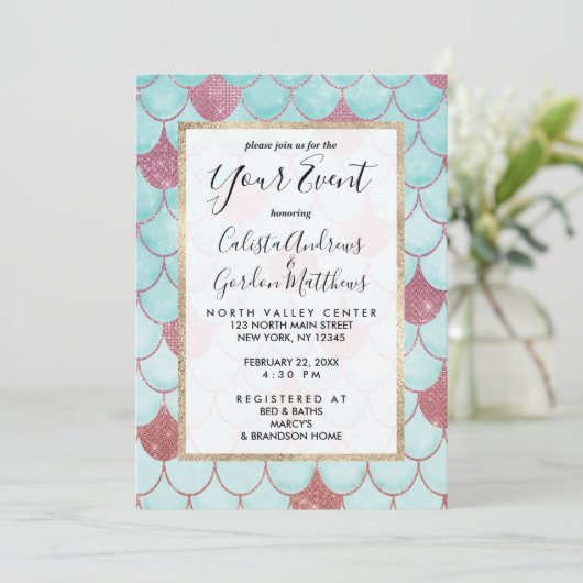 Girly Aquamarin Pink Glitzer Wasserfarbe Meerjungf Einladung (Stehend Vorderseite)