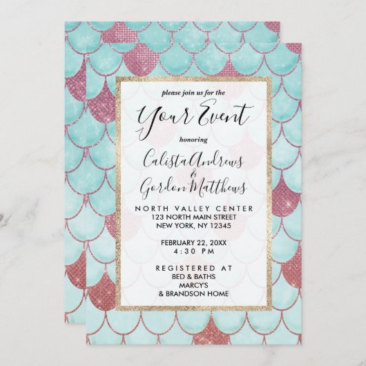 Girly Aquamarin Pink Glitzer Wasserfarbe Meerjungf Einladung (Vorne/Hinten)