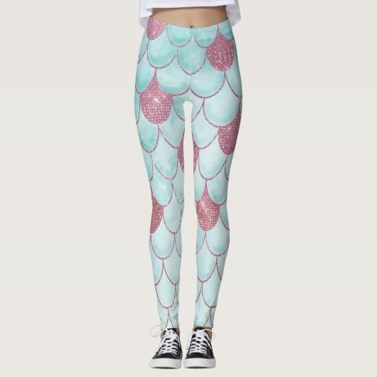 Girly Aquamarin Pink Glitzer Wasserfarbe Meerjungf Leggings (Vorderseite)