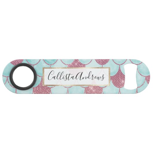 Girly Aquamarin Pink Glitzer Wasserfarbe Meerjungf Speed Flaschenöffner (Vorderseite (Horizontal))