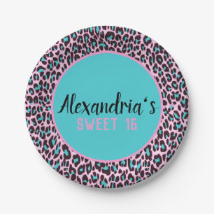 Girly Aquamarin/rosa Leopard Printmedien Sweet 16  Pappteller