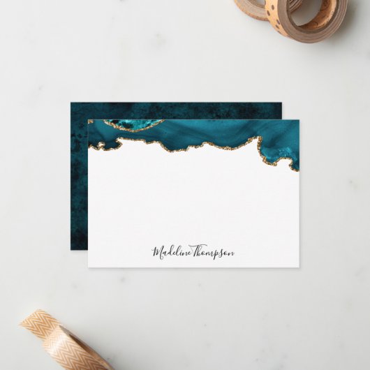 Girly Aquamarin Velvet Agate Geode Script Typograf Mitteilungskarte (Vorderseite/Rückseite Beispiel)