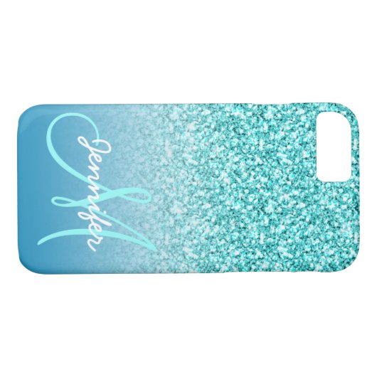 Girly aquamariner Imitat-Glitzer-Monogramm-Name Case-Mate iPhone Hülle (Rückseite (Horizontal))