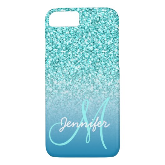 Girly aquamariner Imitat-Glitzer-Monogramm-Name Case-Mate iPhone Hülle (Rückseite)