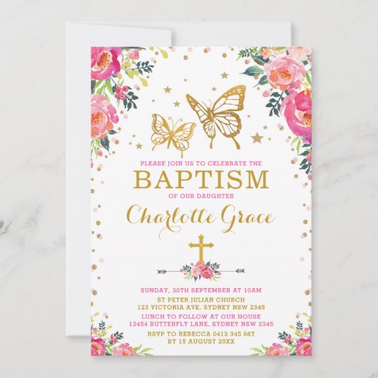 Girly Aquarell-Blumenschmetterlings-Taufe Einladung (Vorderseite)