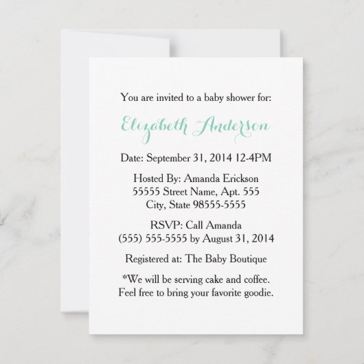 Girly Baby Dusche Niedlich Minze Grüne Regenschirm Einladung (Rückseite)