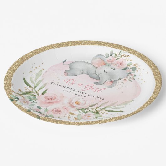 Girly Baby Elephant Blush Pink Gold Floral Dusche Pappteller (Schrägansicht)