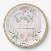 Girly Baby Elephant Blush Pink Gold Floral Dusche Pappteller (Vorderseite)