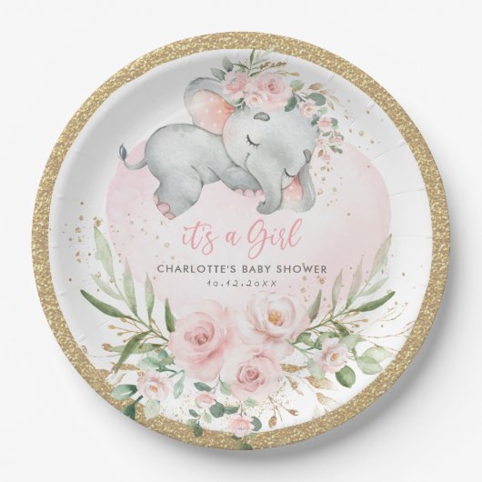 Girly Baby Elephant Blush Pink Gold Floral Dusche Pappteller (Vorderseite)