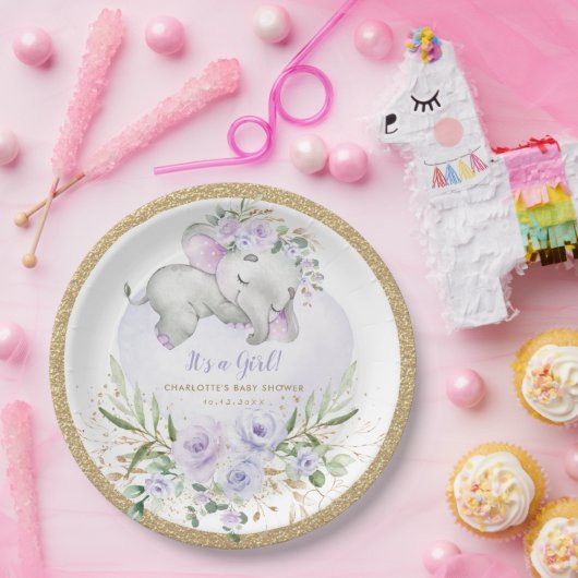 Girly Baby Elephant Lila Gold Floral Shower Pappteller (Party)