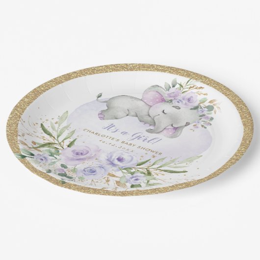 Girly Baby Elephant Lila Gold Floral Shower Pappteller (Schrägansicht)