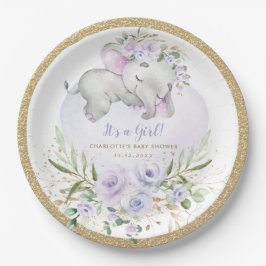 Girly Baby Elephant Lila Gold Floral Shower Pappteller