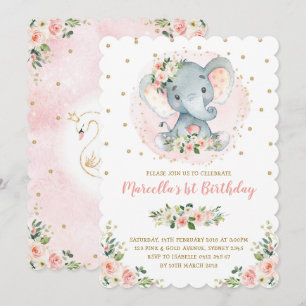Girly Baby Elephant Peach Blush Gold 1. Geburtstag Einladung