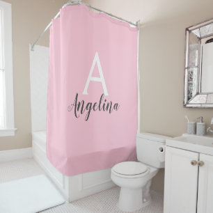 Girly Bale Blush Pink White & Grey Monogram Name Duschvorhang
