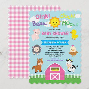 Girly Barnyard Baby Shower Pink Farm Animals Party Einladung