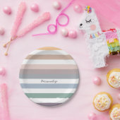 Girly Beige blaue weiße Streifen mit Namen Pappteller (Party)