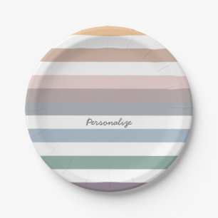 Girly Beige blaue weiße Streifen mit Namen Pappteller