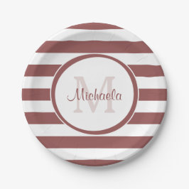 Girly Big Marsala Streifen mit Namen und Monogramm Pappteller