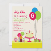 Girly Birthday Party - Cake Balloons Candy Cupcake Einladung (Vorderseite)