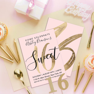 Girly Black Blush Pink Gold Foil Sweet 16 Einladung