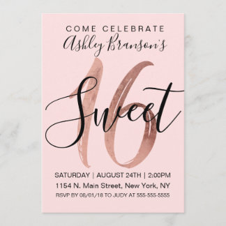 Girly Black Blush Pink Rose Gold Foil Sweet 16 Einladung