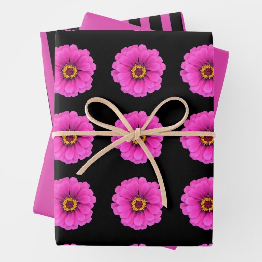 Girly Black Fuchsia Streifen und Blume Geschenkpapier Set (Beispiel)