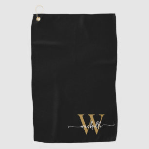 Girly Black Gold Elegante Monogram Name Script Gol Golfhandtuch